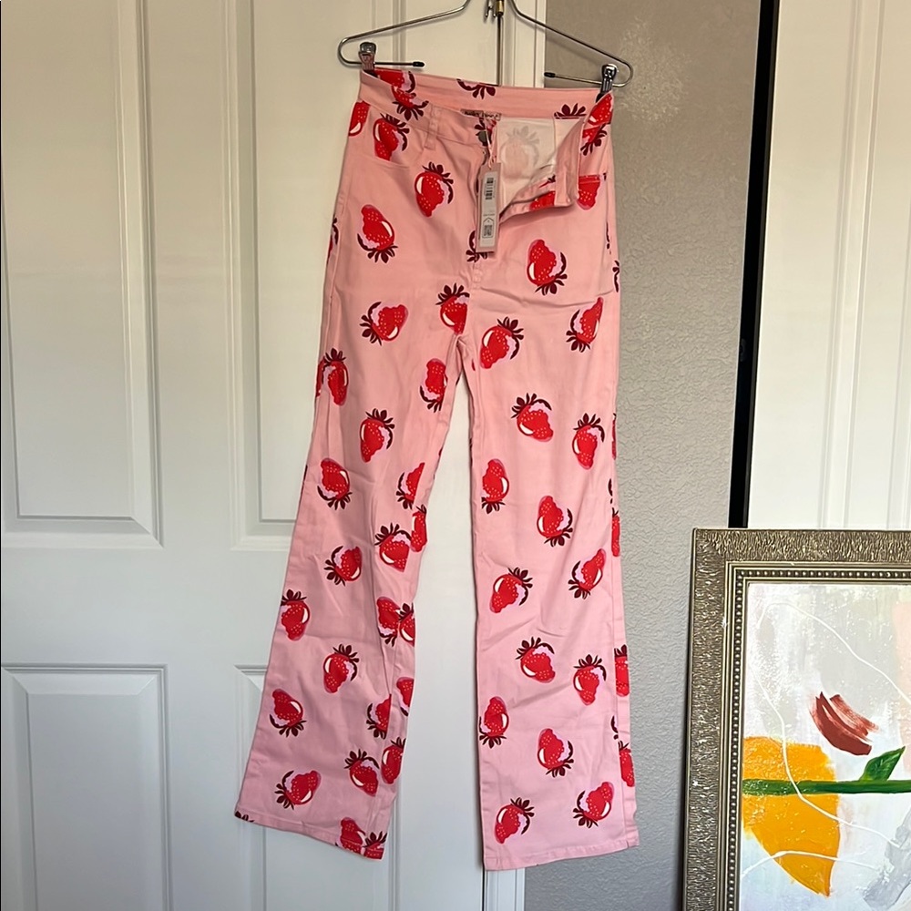 Pink Flare Jeans with Strawberry Print